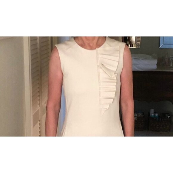 Piazza Sempione Sz 8 Cream Pleated Ruffle Ponte Knit Sheath Dress IT 42  NWT NEW - Picture 2 of 12